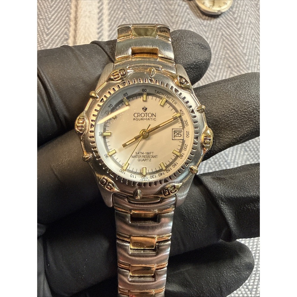Vintage Croton Aquamatic Quartz Day Date Watch Two Tone ~ New Battery Mint 28mm